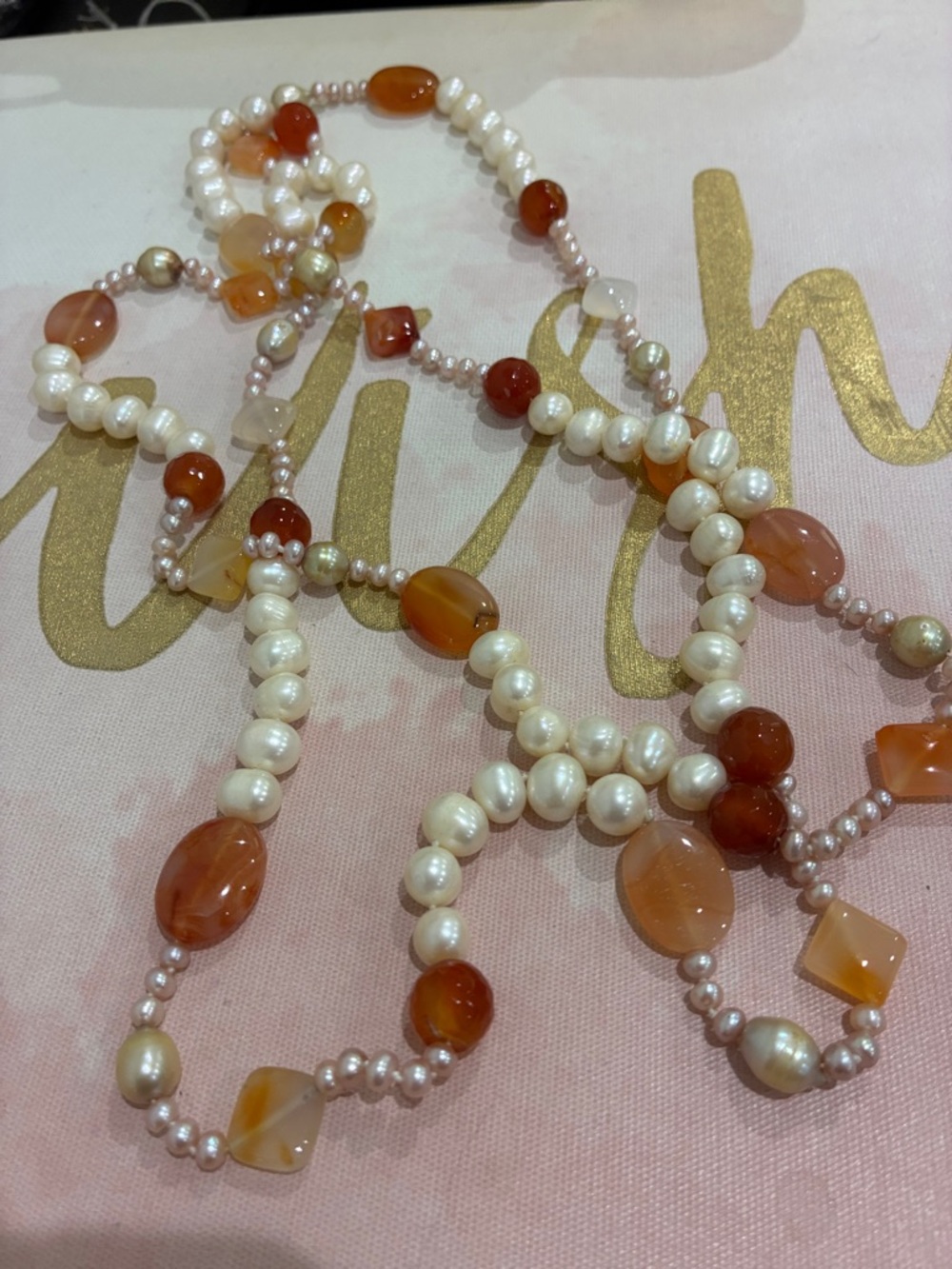 Pearl and Carnelian Stone Beaded Necklace - Neutral Brown & Cream